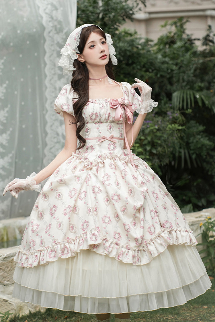 Ivory [Rose After The Rain] Short Sleeves Triple-Layered Print Ruffle Bowknot Lace-Up Sweet Lolita Long Dress - Product - 2