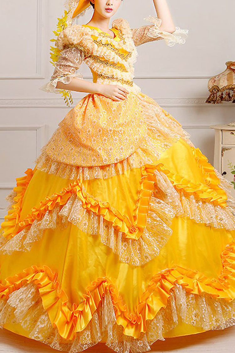 Yellow High Waisted Ruffled Multi-Layer Lace Stitching Victorian Lolita Prom Dress - Yellow - 1