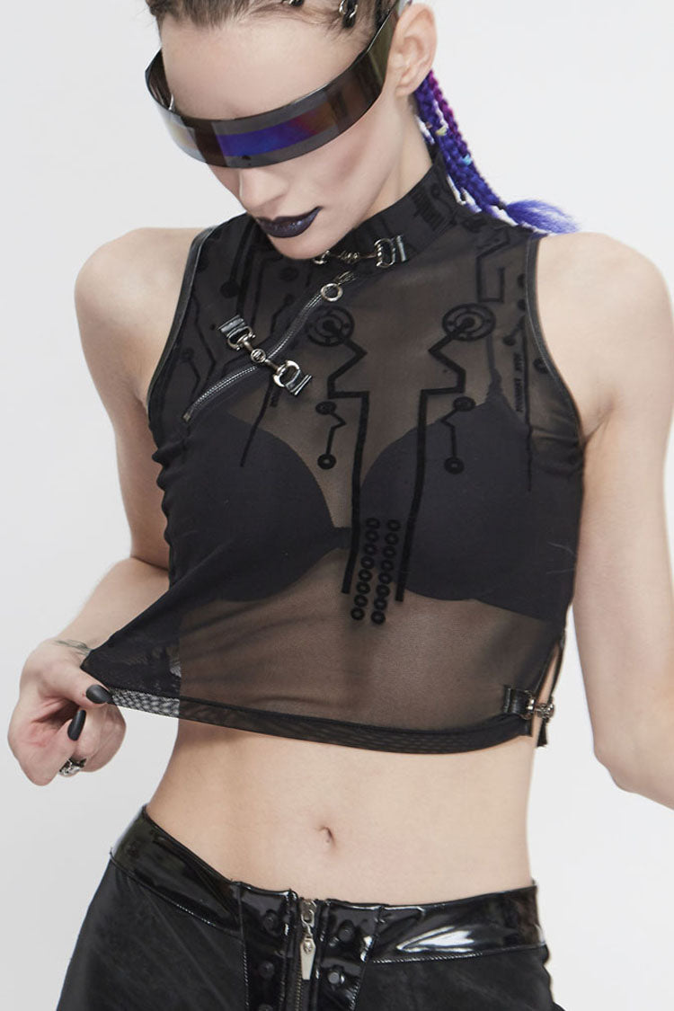 Black Stand Up Collar Sleeveless Flocked Printed Mesh Metal Women's Punk Vest - Product - 4