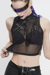Black Stand Up Collar Sleeveless Flocked Printed Mesh Metal Women's Punk Vest - Product - 4
