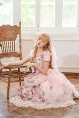 Pink Rabbit Print Square Collar Short Sleeves Ruffle Bowknot Lace Sweet Lolita Dress - Product - 12