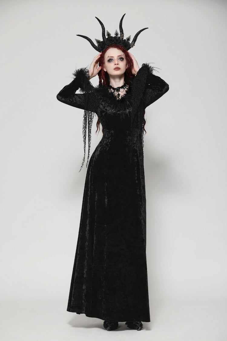 Black Long Sleeves Velvet Lace Women's Gothic Maxi Dress Wedding Dress - Product - 7