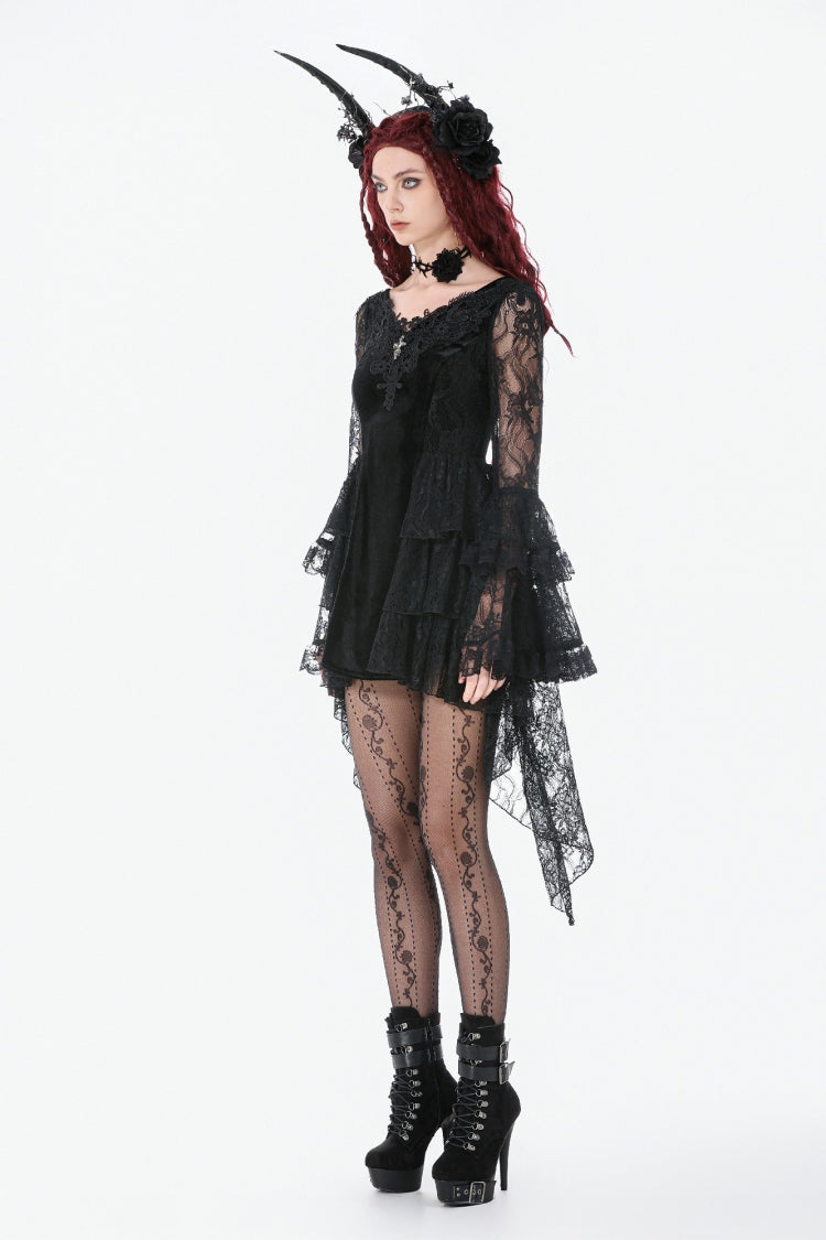 Black Trumpet Sleeves Multi-Layered Lace Velvet Embroidered Lace-Up Women's Gothic Dress - Product - 9
