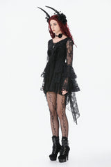 Black Trumpet Sleeves Multi-Layered Lace Velvet Embroidered Lace-Up Women's Gothic Dress - Product - 9