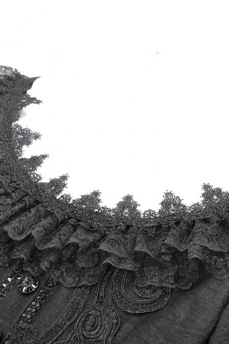Black Lace Ruffled Boat Neck Long Trumpet Sleeves High-Low Hem Women's Gothic Dress - Product - 12