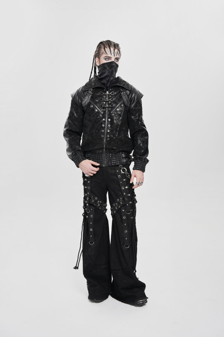 Black Faux Leather Stitching Buckle Zipper Straps Men's Punk Coat - Product - 11