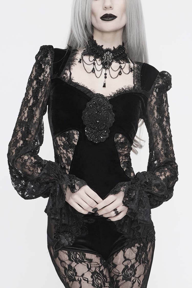 Black Front Chest Decals Lantern Sleeve Lace Cuff Back Lace-Up Knitted Velvet Women's Gothic T-Shirt - Black - 1