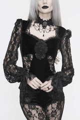 Black Front Chest Decals Lantern Sleeve Lace Cuff Back Lace-Up Knitted Velvet Women's Gothic T-Shirt - Black - 1