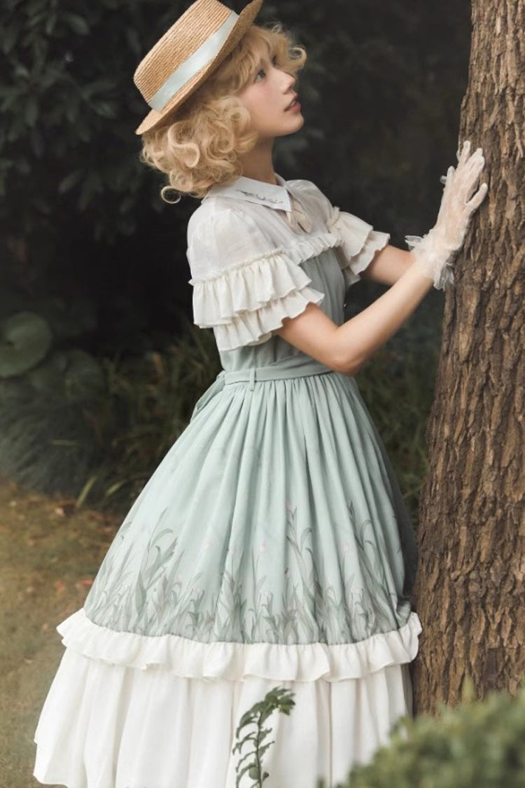 White/Green Lapel Collar Wizard Of Oz Short Sleeves Ruffle Bowknot Sweet Lolita Dress - Product - 5