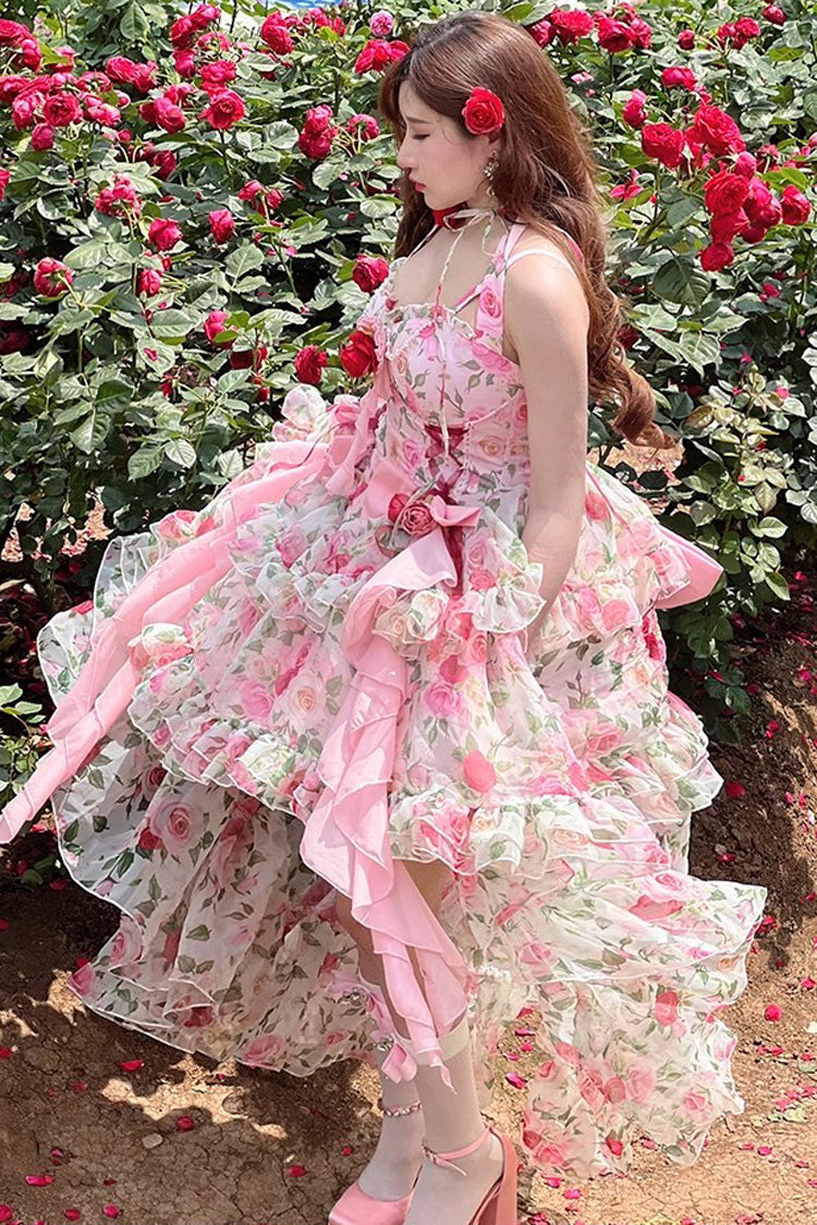 Pink Multi-Color Rose Print Sleeveless Sweet Lolita Strapless Dress - Product - 8