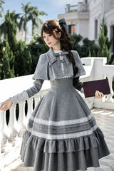 Grey [Letters and Poems · Old Memories] Stand Collar Long Sleeves Double-Layered Ruffled Bow Classic Elegant Lolita Dress 2 Versions - Product - 13