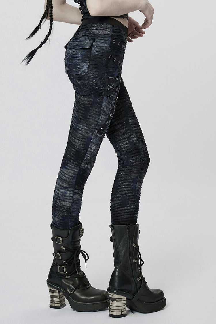 Slim Ripped Tie-dyed Metal Loop Women's Steampunk Leggings 2 Colors - Product - 2