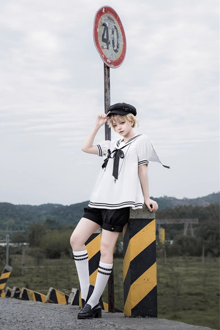 Black/White [Old Stories] Navy Collar Short Sleeves Bowknot Ouji Gothic Lolita Blouse Shorts Set - Product - 8
