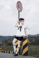 Black/White [Old Stories] Navy Collar Short Sleeves Bowknot Ouji Gothic Lolita Blouse Shorts Set - Product - 8