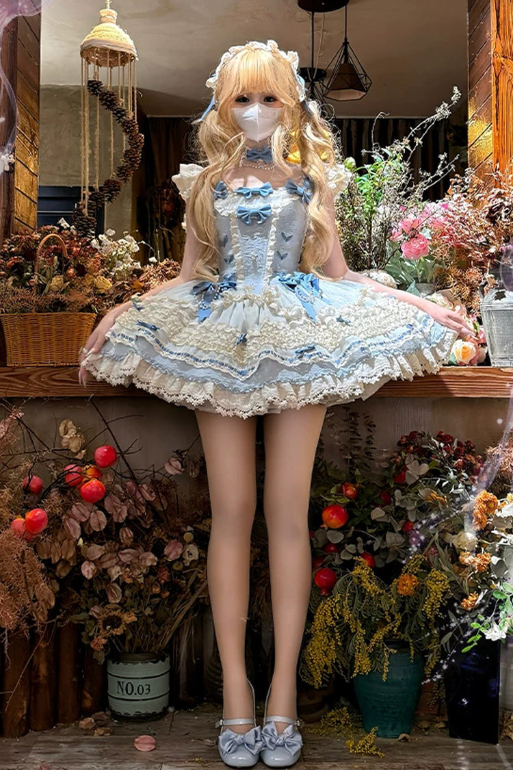 [Wind Chime Poem] Square Collar Flutter Sleeves Triple-Layered Printed Ruffled Bow Sweet Lolita Jsk Dress 4 Colors (Blue, Pink, Purple, Green) - Product - 19