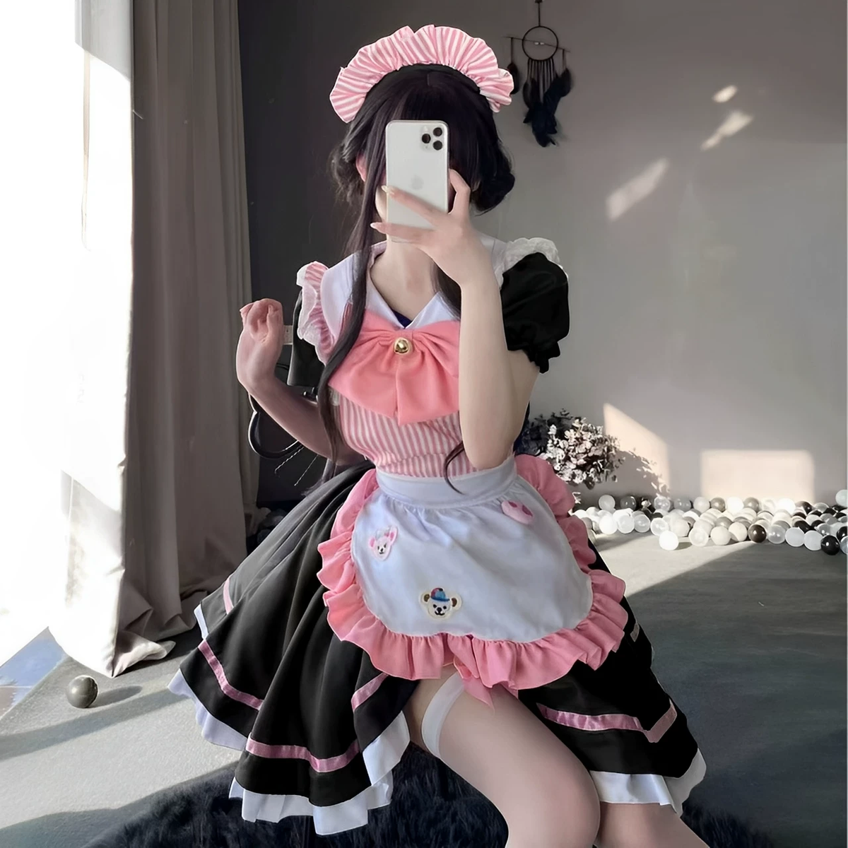 Black and Navy Blue Ruffled Maid Style Dress with Apron Bow Accent - view 2