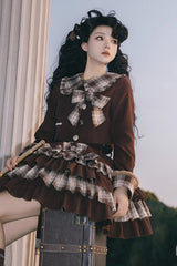 Dark Brown Multi-layer Bowknot College Style Autumn Winter Princess Sweet Lolita Skirt Set - Product - 5