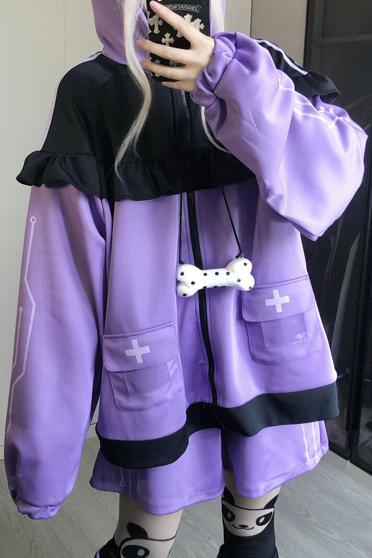 Purple Long Sleeves Cat Ears Hooded Jirai Kei Japanese Shorts Coat Set - Product - 8