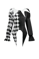Black/White Harlequin Collar Diamond Pattern Color-Blocked Long Puff Flare Sleeves Women's Gothic Blouse - Product - 3