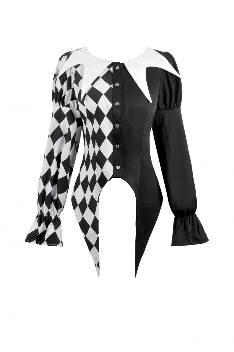 Black/White Harlequin Collar Diamond Pattern Color-Blocked Long Puff Flare Sleeves Women's Gothic Blouse - Product - 3