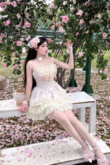 Pink Flower Goddess of Love Ruffle Bowknot Lace Sweet Elegant Lolita Skirt Dress Set - Product - 2