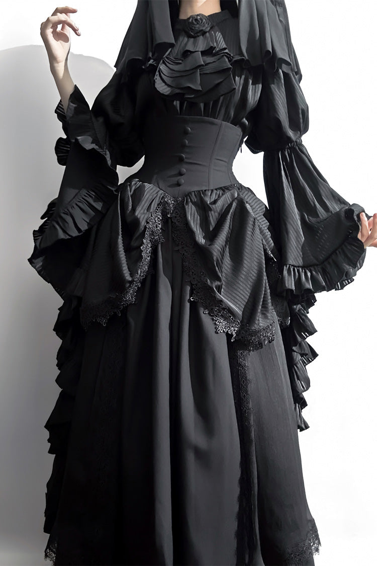 Black [Sleepwalking] Long Hime Sleeves Stitching Lace Plus Size Gothic Elegant Lolita Skirt Set - Product - 3
