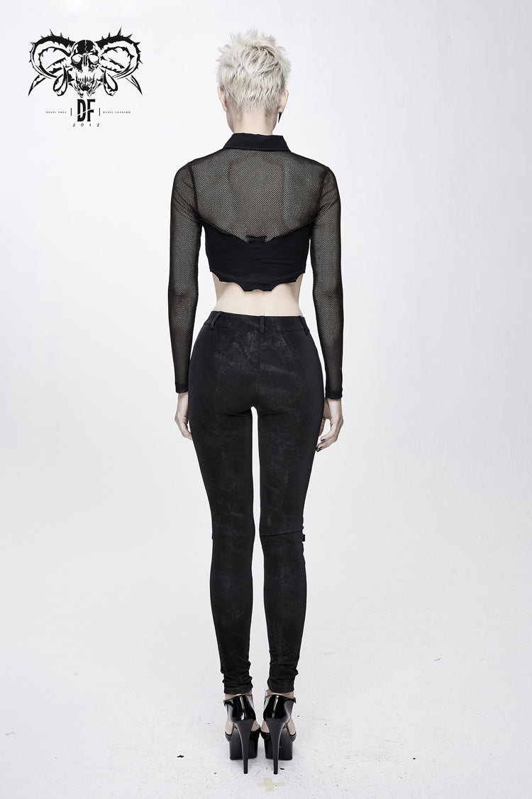 Black Bat Collar Splice Mesh Long Sleeve Chest Hasp Short Women's Punk T-Shirt - Product - 5