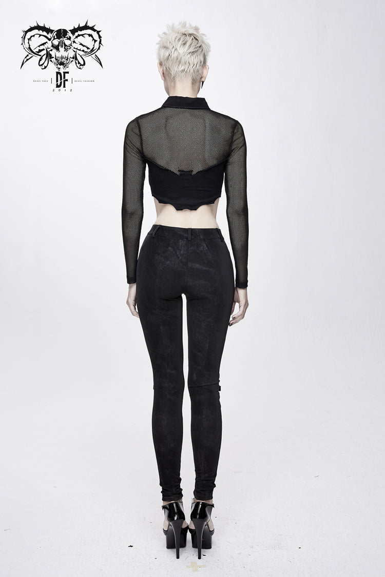 Black Bat Collar Splice Mesh Long Sleeve Chest Hasp Short Women's Punk T-Shirt - Product - 5
