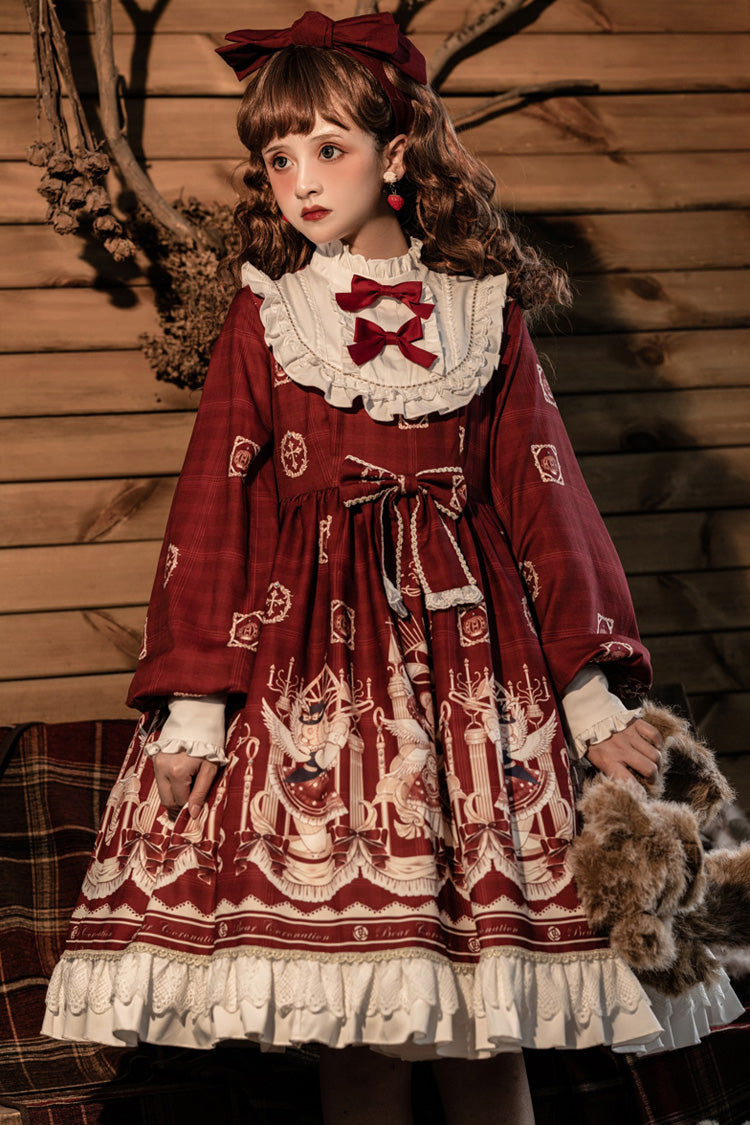 Doll Collar Lantern Long Sleeves Stitching Bear Paradise Print Ruffled Hanayome Sweet Lolita Op Dress - Product - 5
