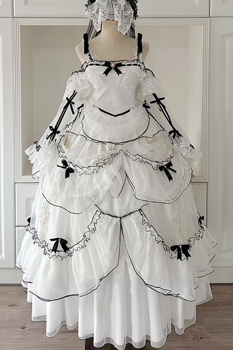 White [Cascade Poem] Sleeveless Multi-Layered Ruffle Hanayome Bowknot Lace Gothic Plus Size Gorgeous Lolita Jsk Long Dress - Product - 9