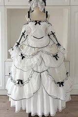 White [Cascade Poem] Sleeveless Multi-Layered Ruffle Hanayome Bowknot Lace Gothic Plus Size Gorgeous Lolita Jsk Long Dress - Product - 9