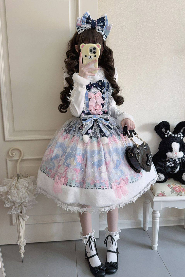 Dark Blue [Candy Mary Cat] Printed Ruffled Embroidered Bow Lace Sweet Lolita Jsk Dress - Dark-Blue - 1