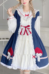 Blue/White Round Collar Bowknot Long Sleeves Multi-Layer Ruffled Sweet Lolita OP Dress - Blue/White - 1