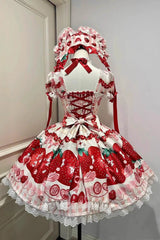 [Dream to Strawberry] Print Short Sleeves Ruffle Bowknot Lace Sweet Lolita OP Dress 4 Colors - Product - 7
