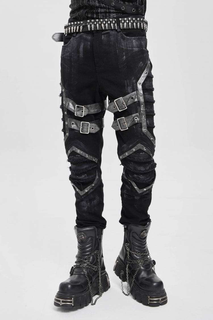 Black Buckle Straps Pleated Men's Punk Pants - Black - 1