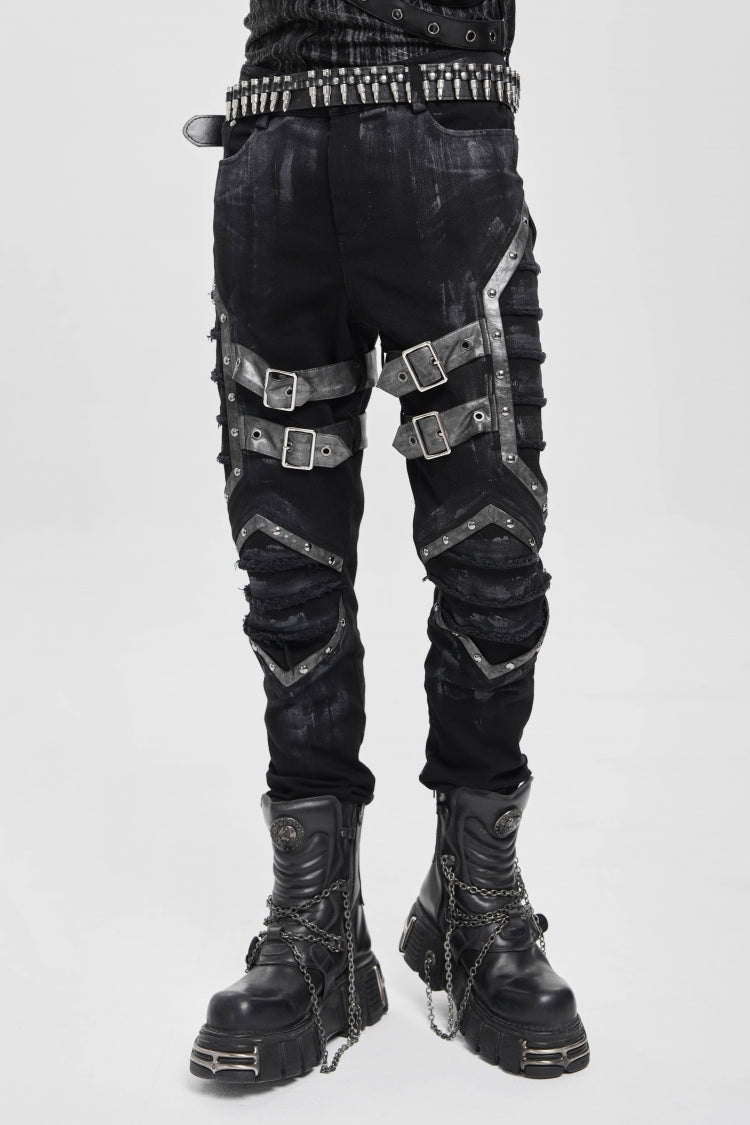 Black Buckle Straps Pleated Men's Punk Pants - Black - 1
