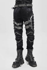 Black Buckle Straps Pleated Men's Punk Pants - Black - 1