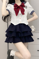 Short Sleeves Multi-layer Ruffle Bowknot Sweet College Style Japanese School Skirt Set 4 Colors - Product - 9
