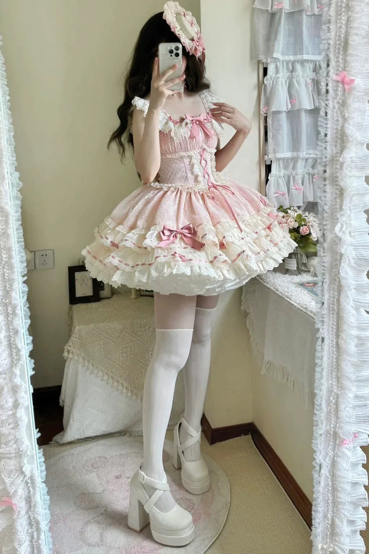 Pink Triple-Layered Bowknot Lace-Up Sweet Princess Ballet Lolita Jsk Dress - Product - 15
