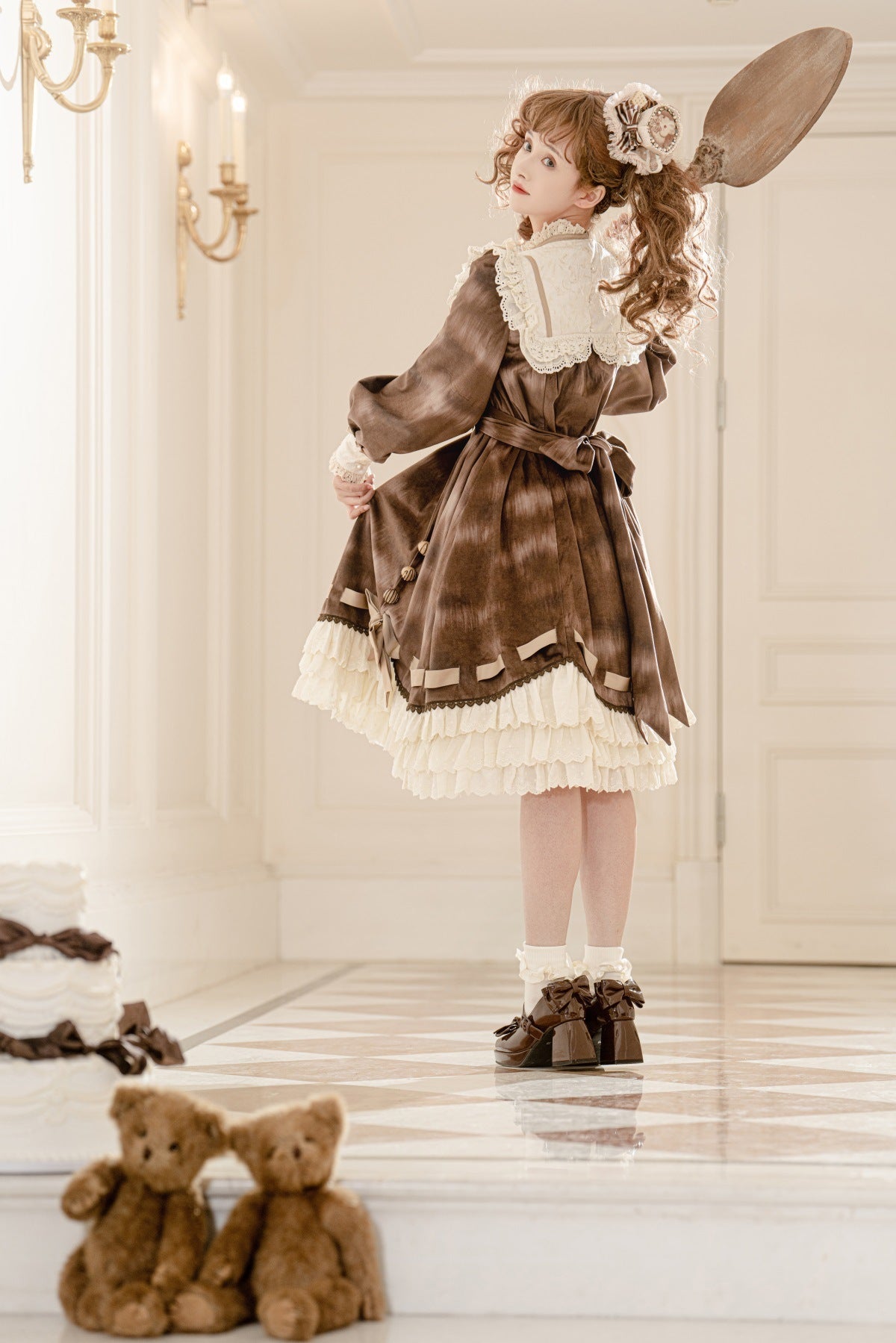 Brown [Chocolate Cat] Print Long Sleeves Ruffle Bowknot Sweet Lolita Dress - Product - 9