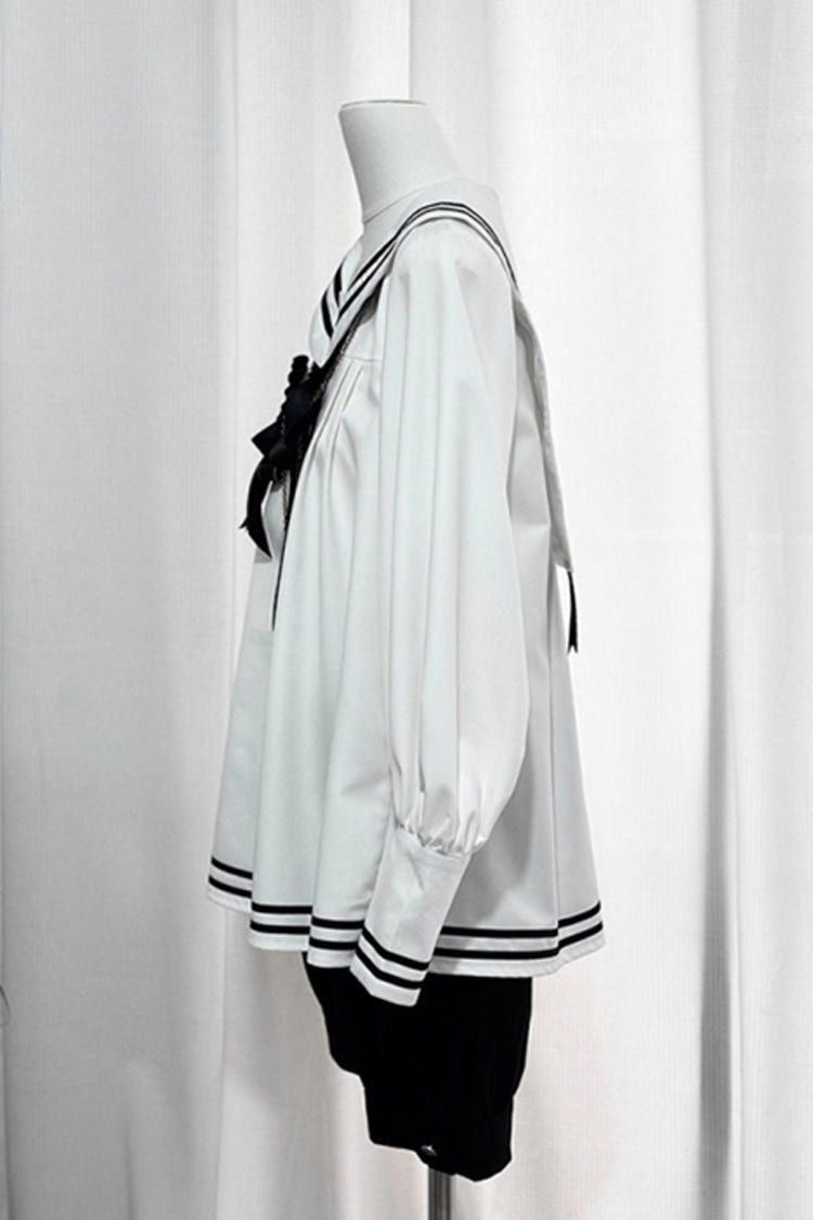 Black/White [Old Stories] Navy Collar Long Sleeves Bowknot Ouji Gothic Lolita Blouse Shorts Set - Product - 12