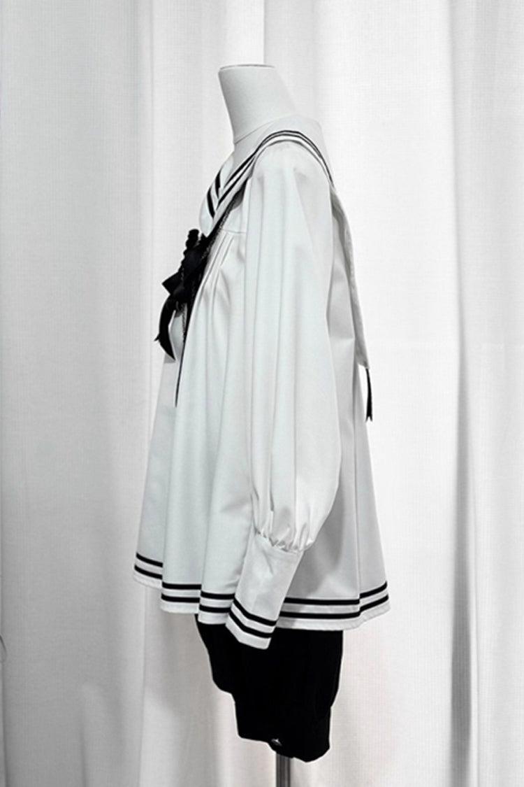 Black/White [Old Stories] Navy Collar Long Sleeves Bowknot Ouji Gothic Lolita Blouse Shorts Set - Product - 12