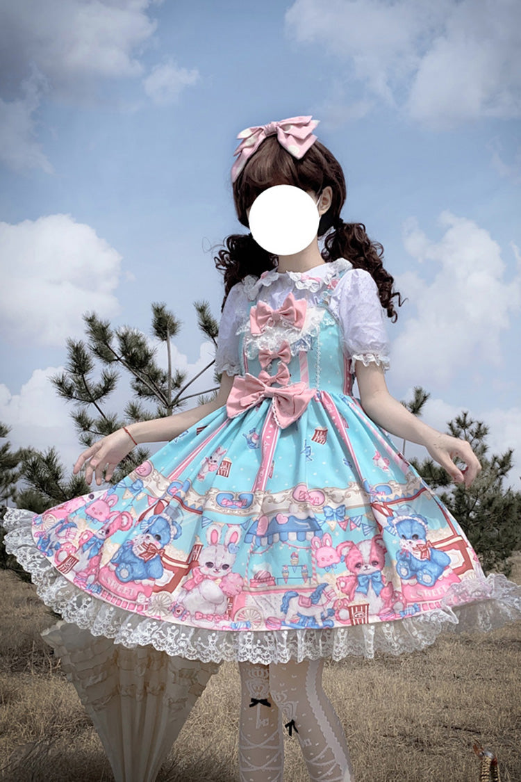Green Doll Playground Print Ruffle Bowknot Sweet Lolita Jsk Dress - Green - 1