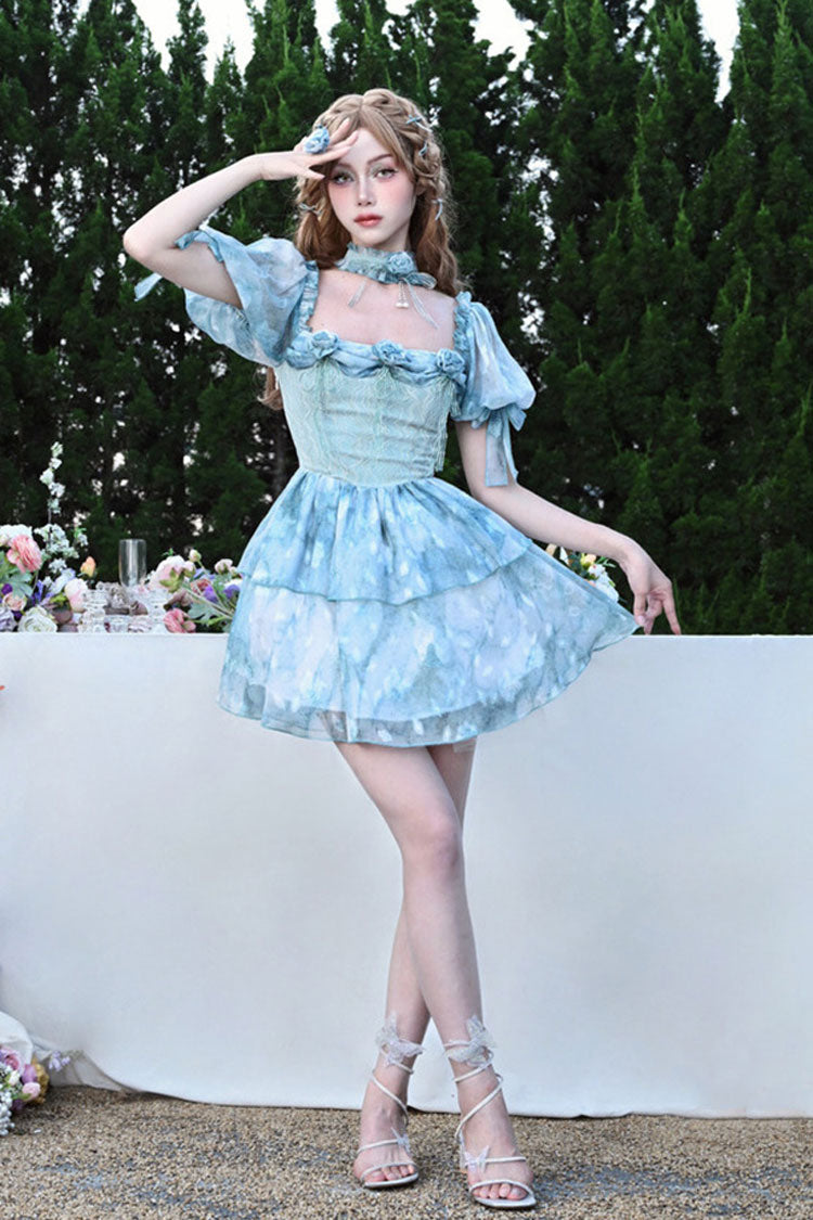 Blue Square Collar Short Puff Sleeves Multi-Layered Print Ruffle Bowknot Tie-dyed Sweet Princess (Dress Only) detail view 4