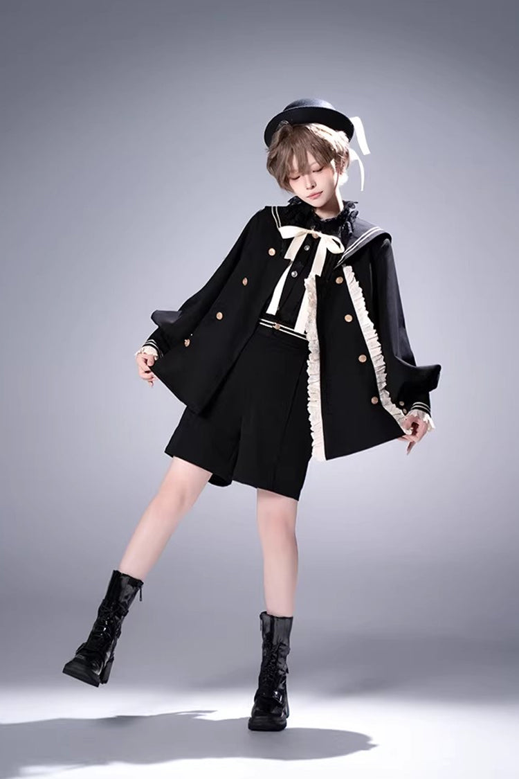 Black [City of Mist] Navy Collar Long Sleeves Gothic College Style Prince Ouji Lolita Shorts Coat Set - Product - 13