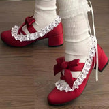 Satin Ruffled Lace-Up Sweet Classic Elegant Lolita Heels 2 Colors - Red - 2