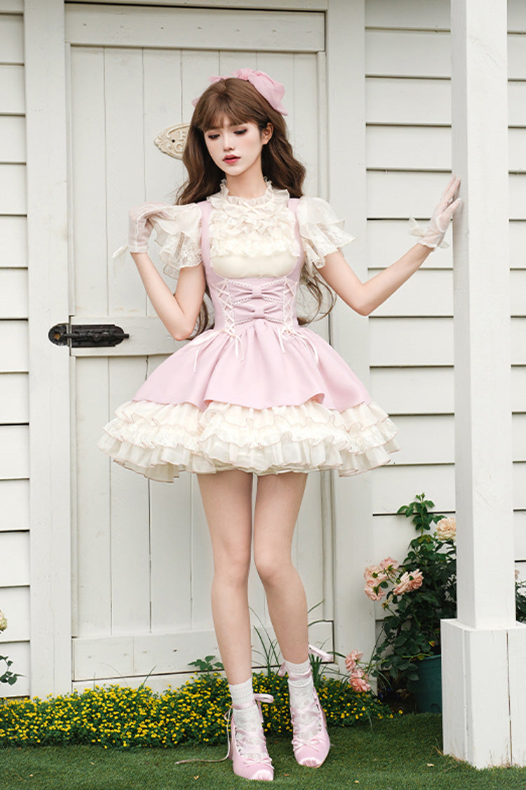 Pink [Love Diary] Multi-Layered Ruffle Bowknot Lace-Up Sweet Lolita Jsk Bustier Dress - Pink - 1