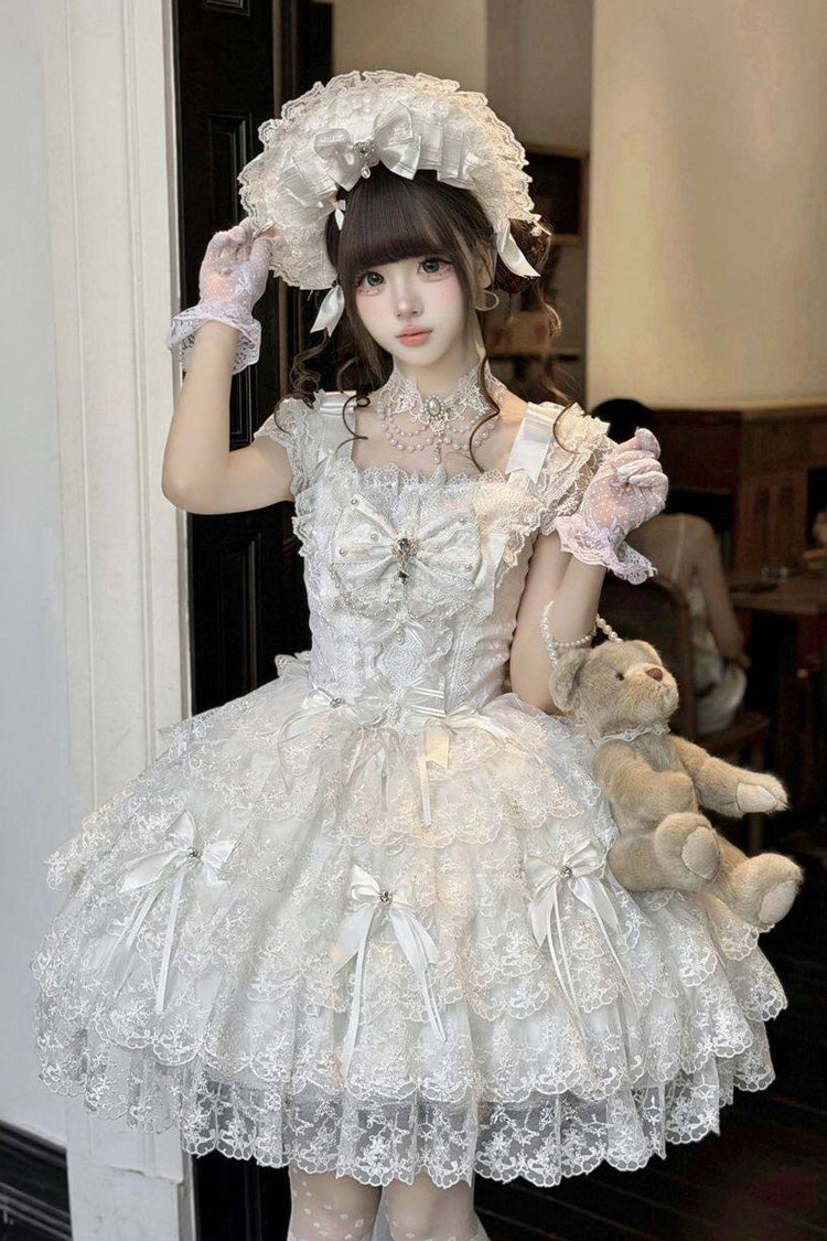 White [Featherlight Slumber] Square Collar Sleeveless Multi-Layered Bow Lace Pearl-Decorated Gothic Lolita Jsk Dress - White - 1