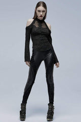 Black Long Trumpet Sleeves Print Hollow Stitching Lace-Up Womens Gothic Blouse - Product - 4