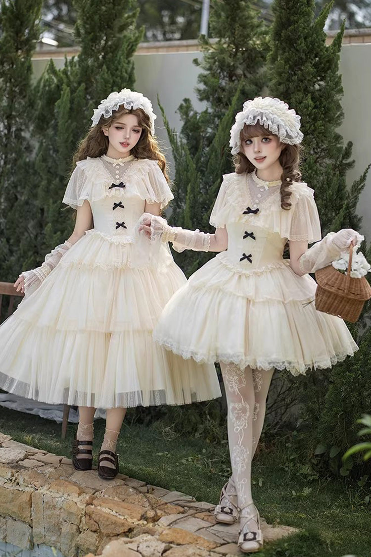 Ivory [The Oath of White Mist] Edwardian Collar Long Sleeves Multi-Layered Ruffled Bow Lace Fishbone Sweet Lolita Dress 2 Versions - Product - 7